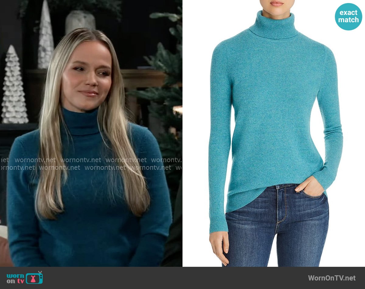C by Bloomingdales Cashmere Turtleneck Sweater in Marled Teal worn by Lulu Spencer (Alexa Havins Bruening) on General Hospital