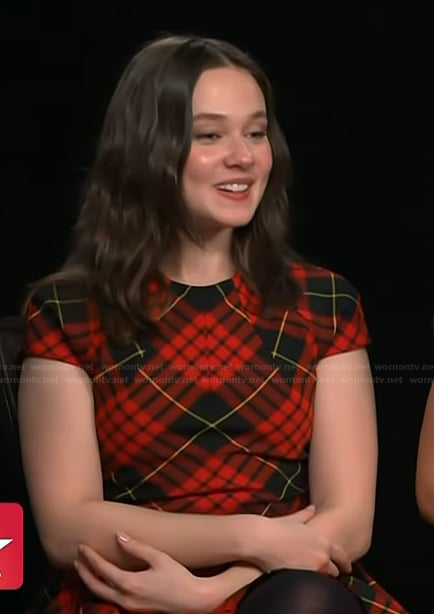 Cailee Spaeny’s red plaid dress on Access Hollywood