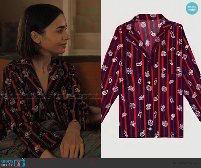 Call It By Your Name Paisley Theme Pajama Top worn by Emily Cooper (Lily Collins) on Emily in Paris