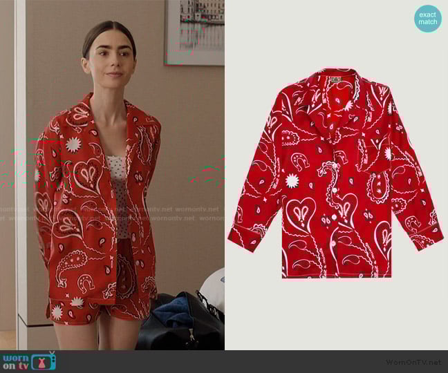 Call it By Your Name Silk Shirt in Howdy Red worn by Emily Cooper (Lily Collins) on Emily in Paris