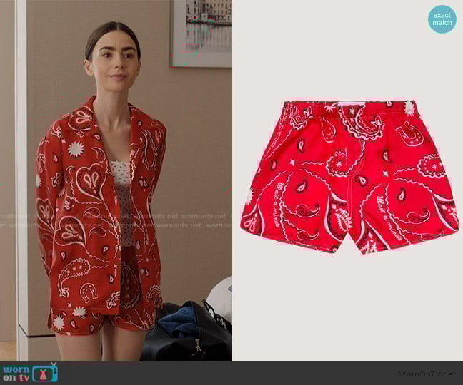 Call it By Your Name Silk Short in Howdy Red worn by Emily Cooper (Lily Collins) on Emily in Paris