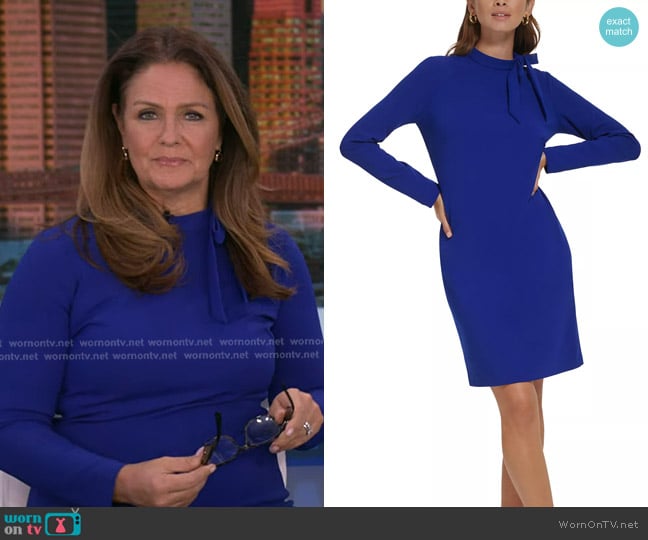 Calvin Klein Long-Sleeved Tie-Neck Scuba Crepe Sheath Dress worn by Michelle Charlesworth on Good Morning America