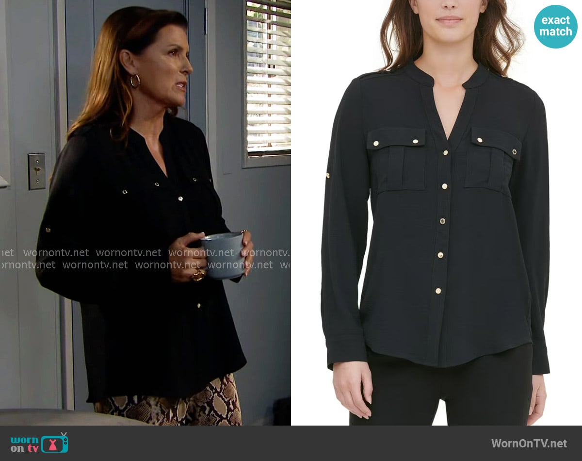 Calvin Klein Textured Roll-Tab Blouse worn by Sheila Carter (Kimberlin Brown) on The Bold and the Beautiful