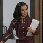 Caroline’s burgundy cardigan on Beyond the Gates