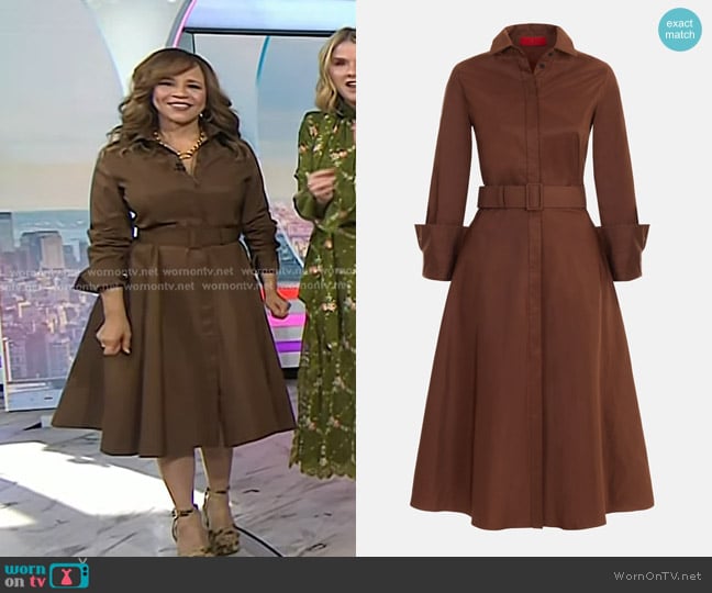 Carolina Herrera Belt-Detailed Taffeta Midi Shirt Dress in Dark Camel worn by Rosie Perez on Today