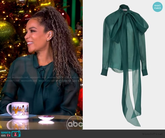 Sunny’s green sheer tie neck blouse on The View Sunny’s green sheer tie neck blouse on The View