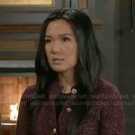 Caroline's burgundy cardigan on Beyond the Gates