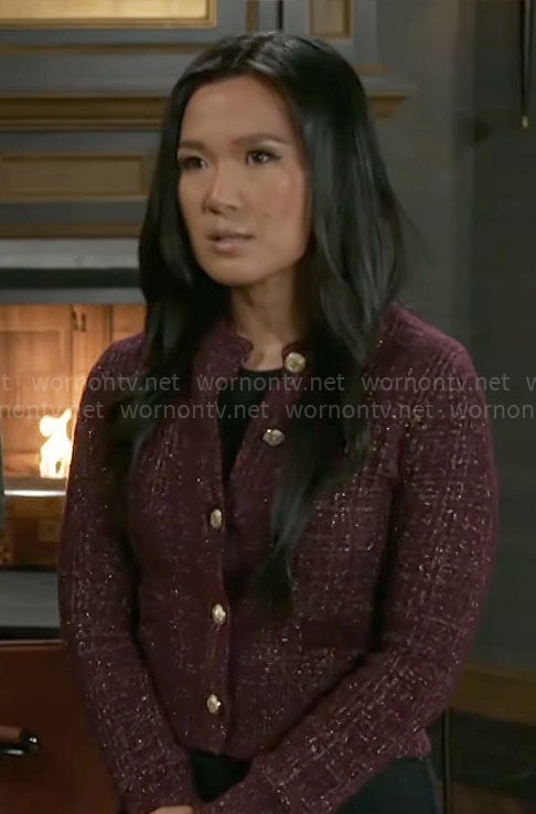 Caroline's burgundy cardigan on Beyond the Gates