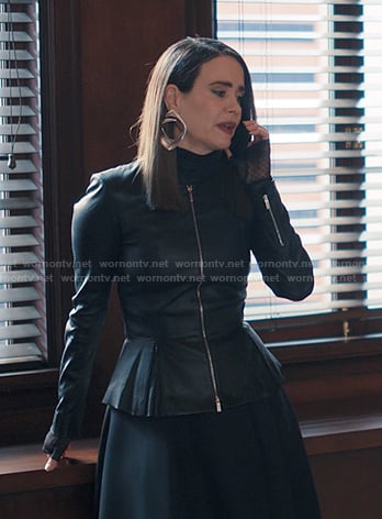 Carr's black peplm leather jacket on Alls Fair