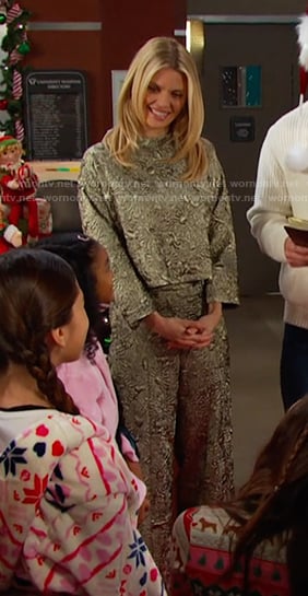 Cat’s metallic floral top and pants on Days of our Lives