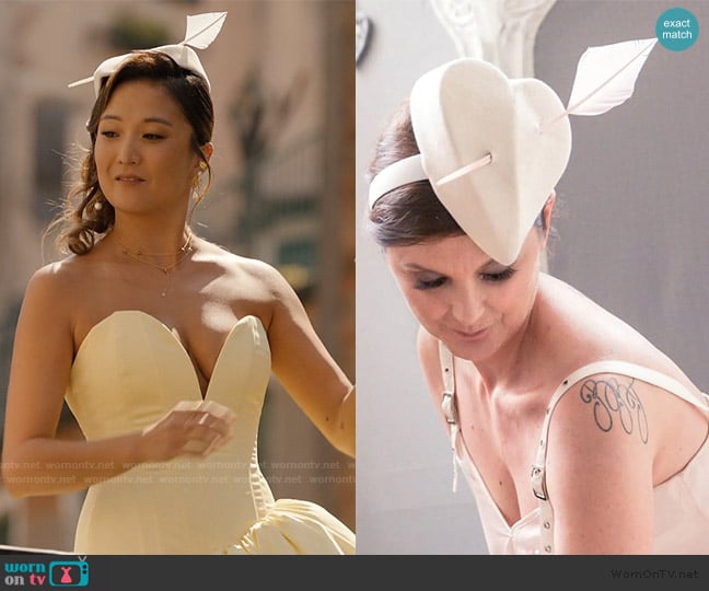 Cecile Descombes Custom Heart Hat worn by Mindy Chen (Ashley Park) on Emily in Paris