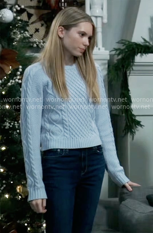 Charlotte’s blue cable knit sweater on General Hospital