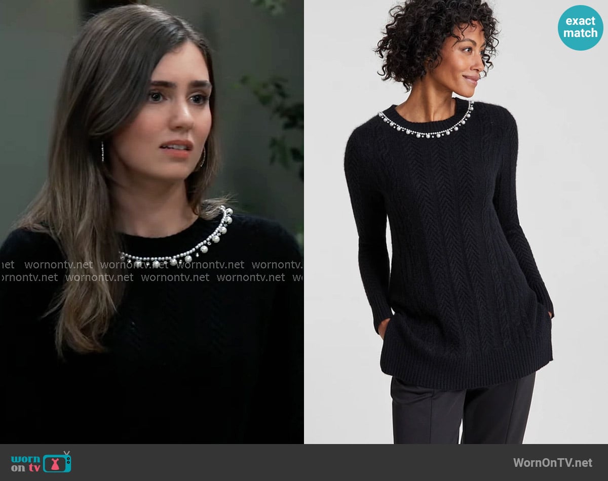 Charter Club Cashmere Embellished Cable-Knit Tunic Sweater worn by Emma Scorpio-Drake (Braedyn Bruner) on General Hospital
