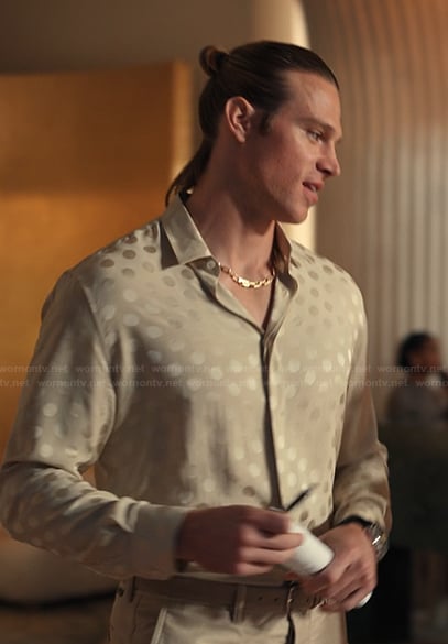 Chase Munroe’s polka dot print shirt on Alls Fair
