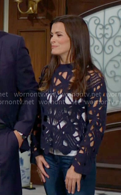 Chelsea’s navy crochet sweater on The Young and the Restless