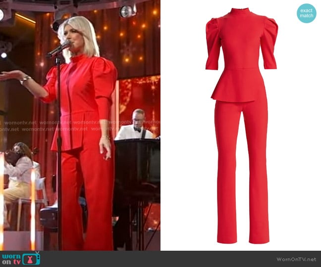 Chiara Boni La Petite Robe Mixed-Media Puff-Sleeve Jumpsuit in Geranium worn by Natalie Grant on Good Morning America