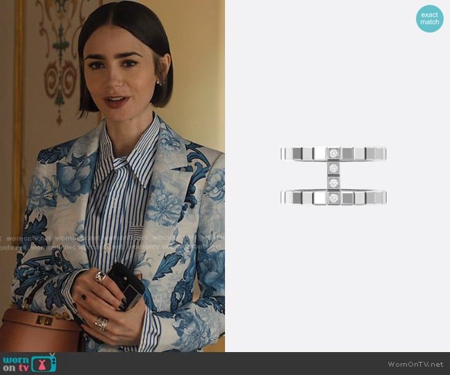 Chopard 18K Ethical White Gold ring - Ice Cube Collection worn by Emily Cooper (Lily Collins) on Emily in Paris