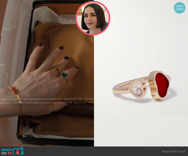 Chopard Happy 18-karat Rose Gold, Carnelian and Diamond Ring worn by Emily Cooper (Lily Collins) on Emily in Paris