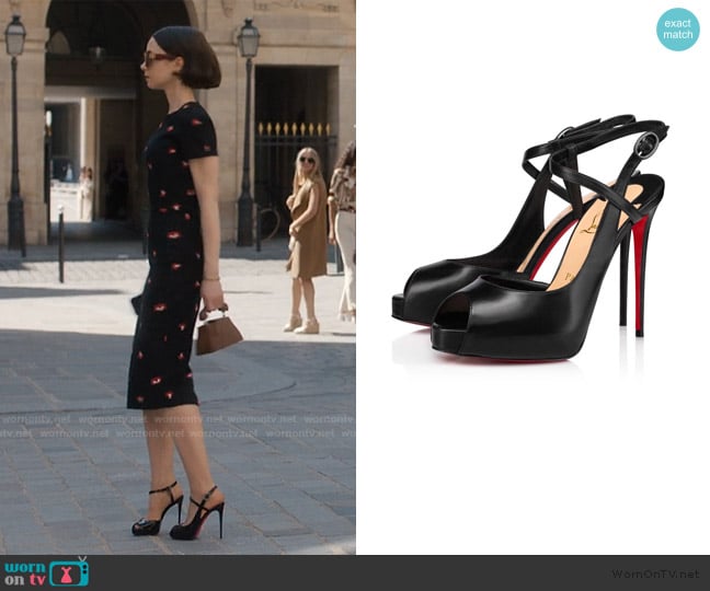 Christian Louboutin Jenlove Alta 120 mm Open-toe pumps worn by Emily Cooper (Lily Collins) on Emily in Paris