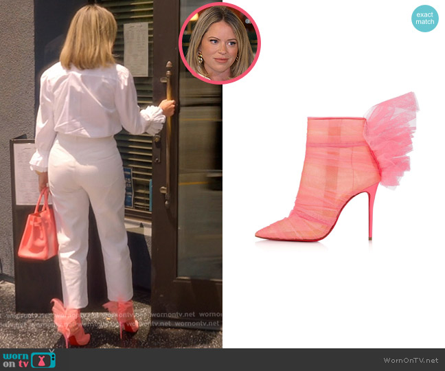 Christian Louboutin Libellibooty 100 Mesh Tulle Ankle Boot in Pink worn by Amanda Frances on The Real Housewives of Beverly Hills