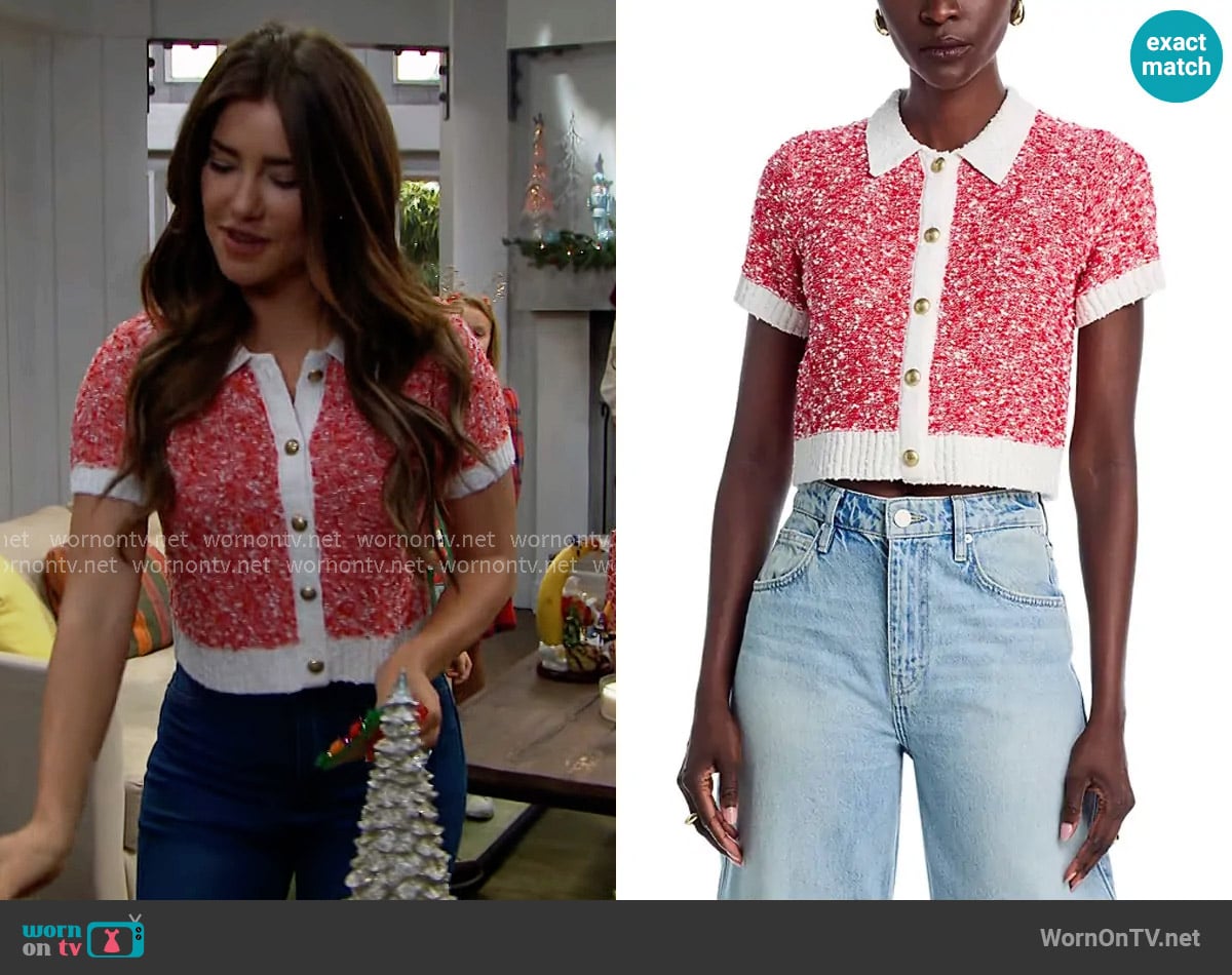 Cinq a Sept Adalee Cropped Cardigan in Red / Ivory worn by Steffy Forrester (Jacqueline MacInnes Wood) on The Bold and the Beautiful