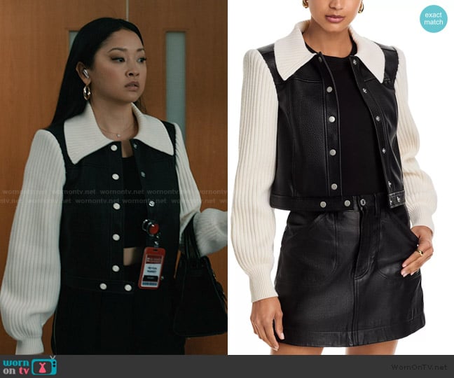 Cinq a Sept Faux Leather Knit Sleeve Ciara Jacket worn by Peyton Ramsey (Lana Condor) on Elsbeth