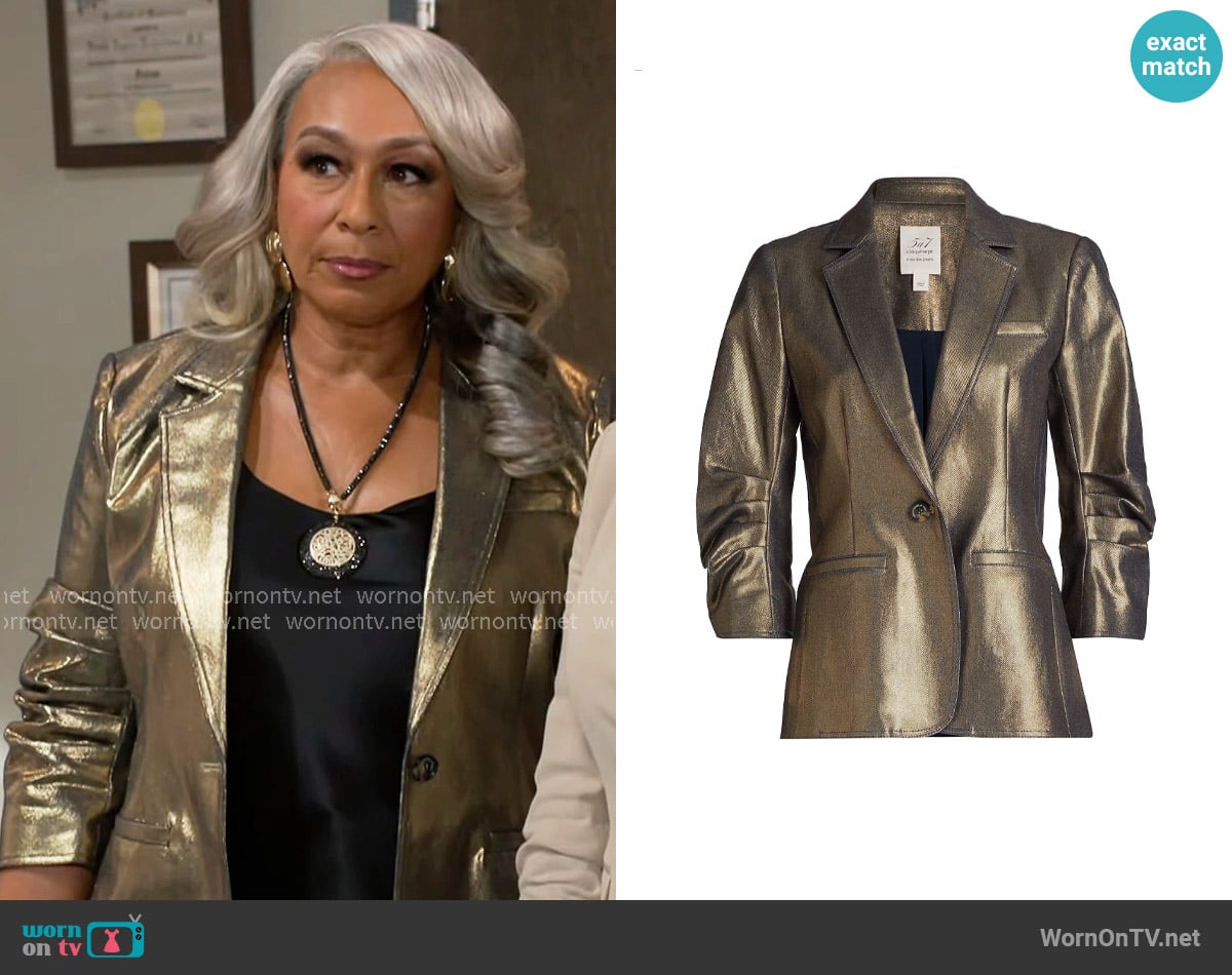 Cinq a Sept Khloe Metallic Blazer in Gold worn by Anita Dupree (Tamara Tunie) on Beyond the Gates