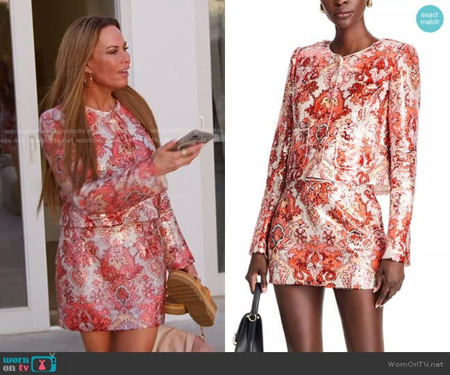 Cinq a Sept Sequin Damask Jacket and Mini skirt worn by Britani Bateman on The Real Housewives of Salt Lake City