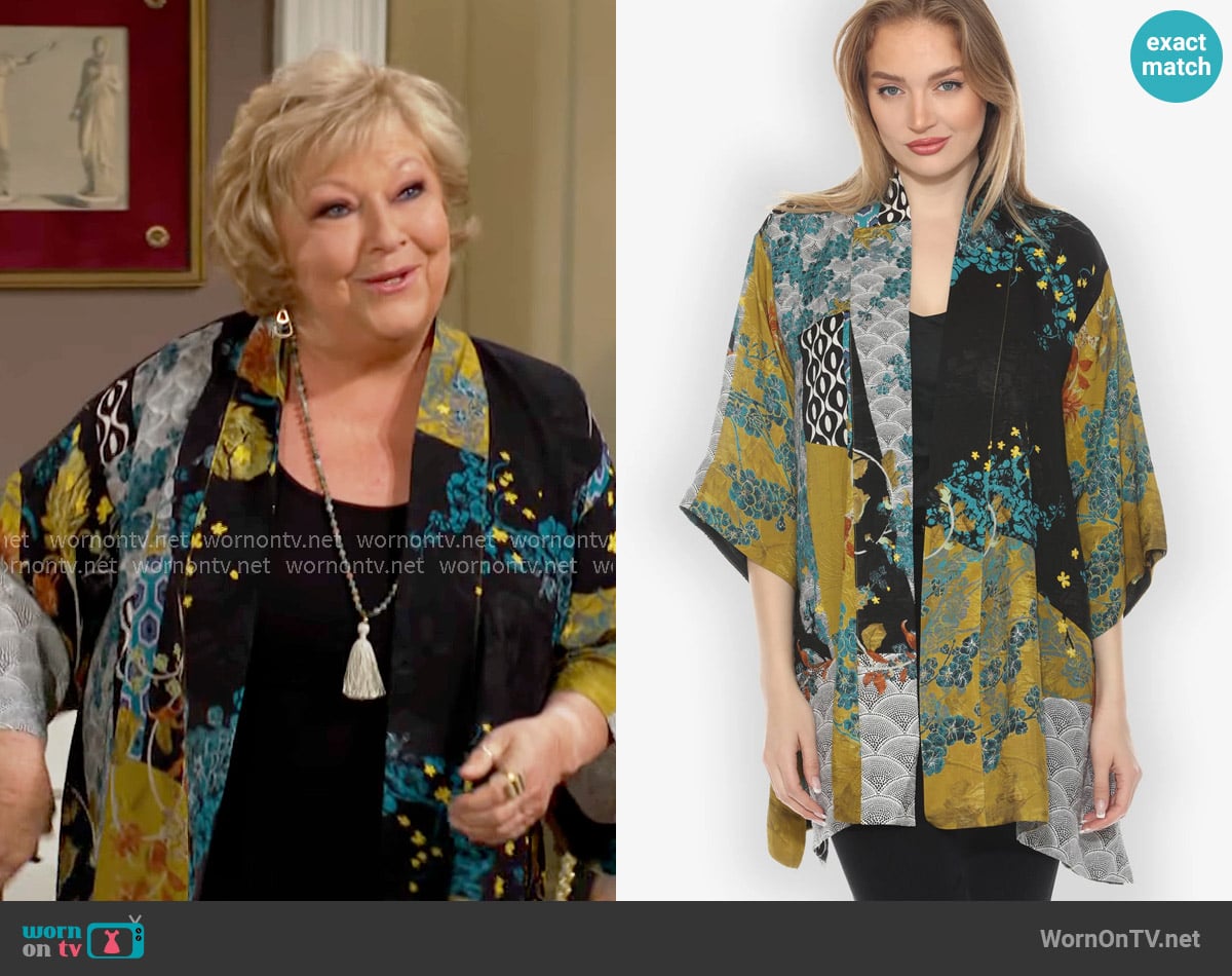 Citron Bohemian Mixed Art in Black Silk Kimono Jacket worn by Traci Abbott (Beth Maitland) on The Young and the Restless