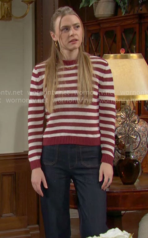 Claire’s red striped sweater and front pocket jeans on The Young and the Restless