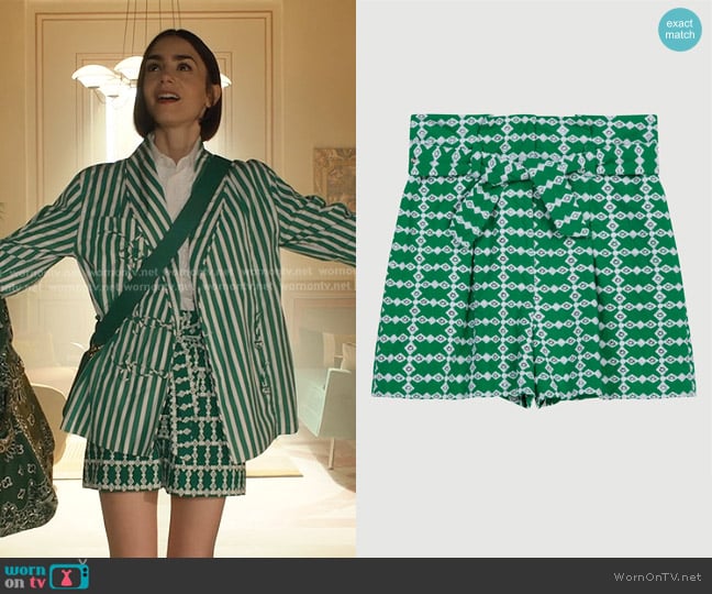 Claudie Tie Up Printed Shorts worn by Emily Cooper (Lily Collins) on Emily in Paris