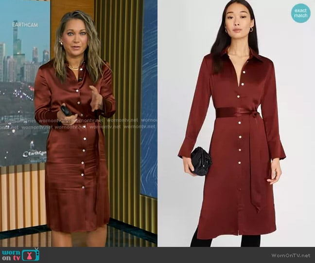 Club Monaco Midi Silk Charmeuse Shirt Dress in Smoked Paprika worn by Ginger Zee on Good Morning America