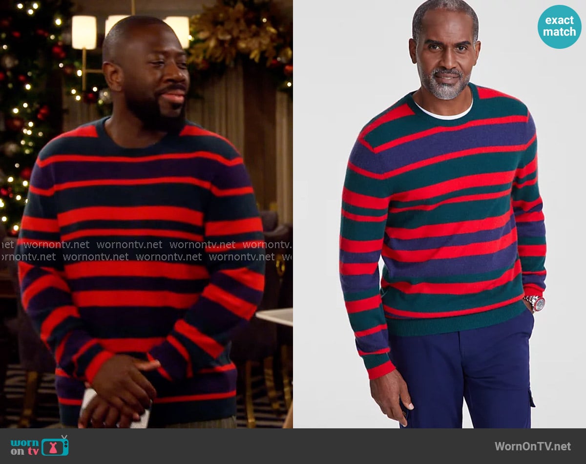 Club Room Printed Stripe Cashmere Crewneck Sweater worn by Malcom (Sheaun McKinney) on The Neighborhood