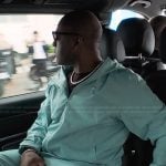 Corey Gamble’s light blue windbreaker hoodie on The Kardashians