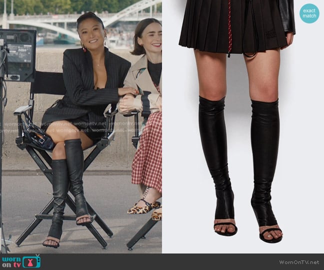 Courreges Oblique Wedged Leather Open Toe Boots in Black worn by Mindy Chen (Ashley Park) on Emily in Paris