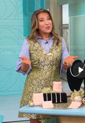 Courtney Cason’s green floral jacquard dress on CBS Mornings