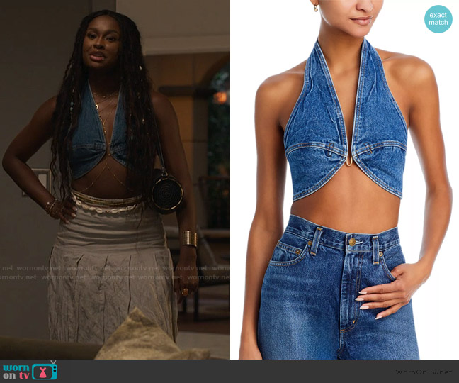 Cult Gaia Diem Denim Halter Top worn by Hilary Banks (Coco Jones) on Bel-Air