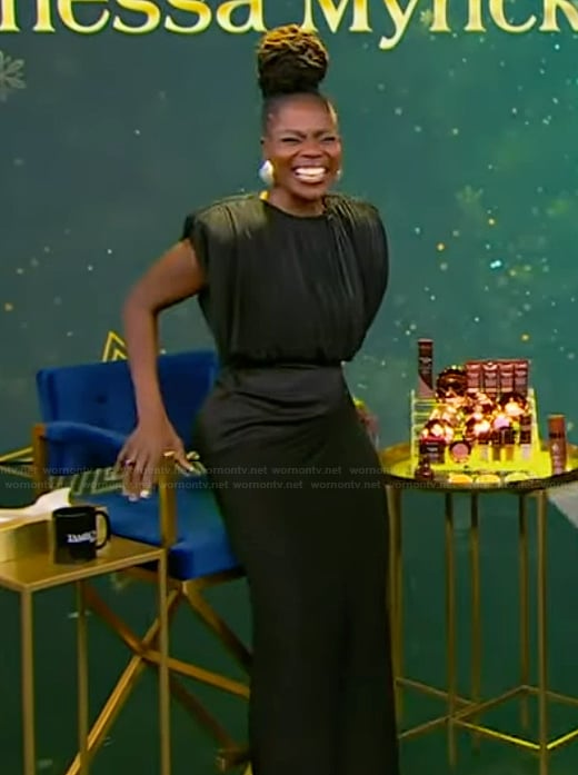 Danessa Myricks' black padded shoulder dress on Tamron Hall Show