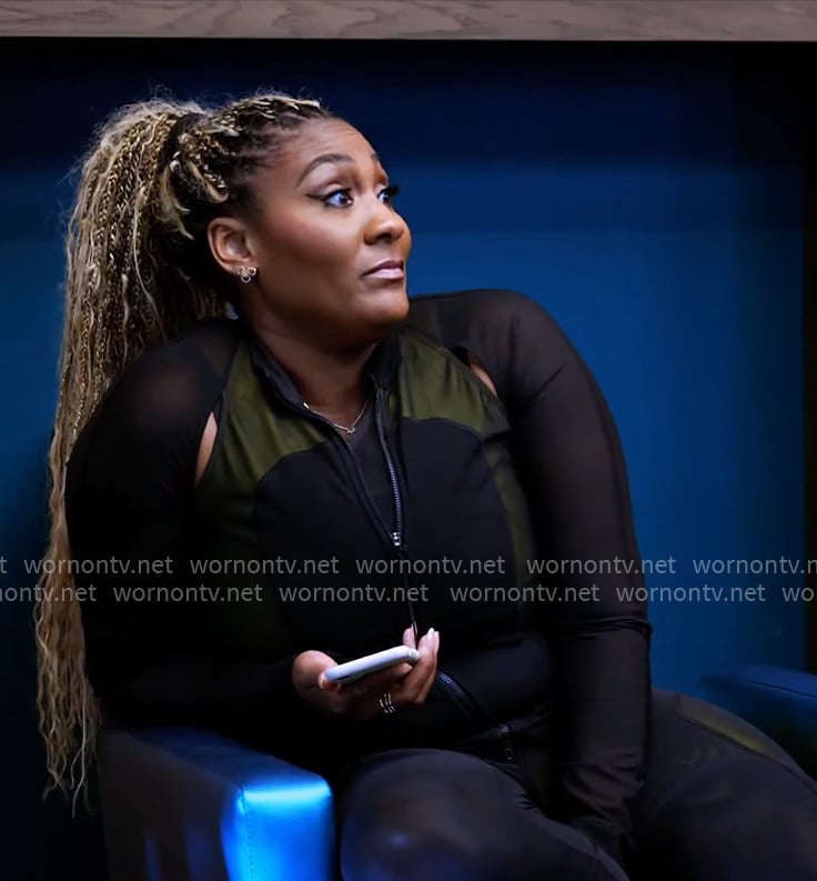 Danni’s black and green mesh jacket and leggings on Tyler Perrys Sistas