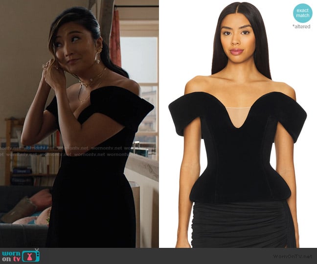 David Koma Off Shoulder Velvet Top worn by Mindy Chen (Ashley Park) on Emily in Paris