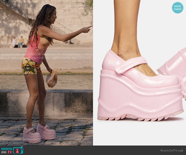 Demonia Take A Risk Platform Mary Janes in Pink worn by Mindy Chen (Ashley Park) on Emily in Paris