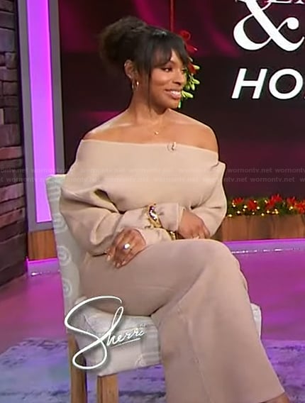 Devyn Simone’s beige knit off shoulder dress on Sherri