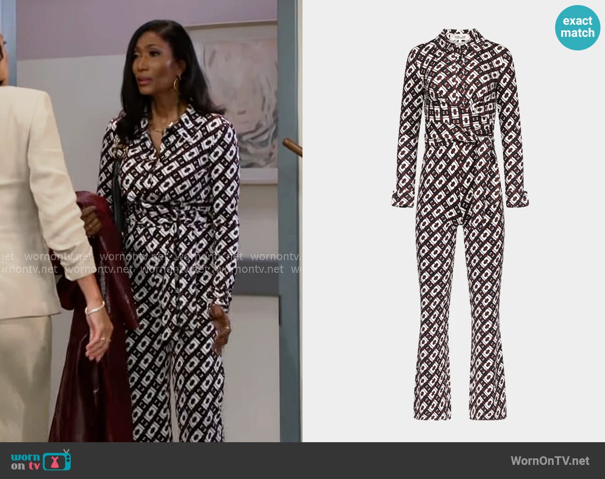Diane von Furstenberg Michele Flared Geometric-Print Jumpsuit worn by Dana 'Leslie' Thomas (Trisha Mann-Grant) on Beyond the Gates