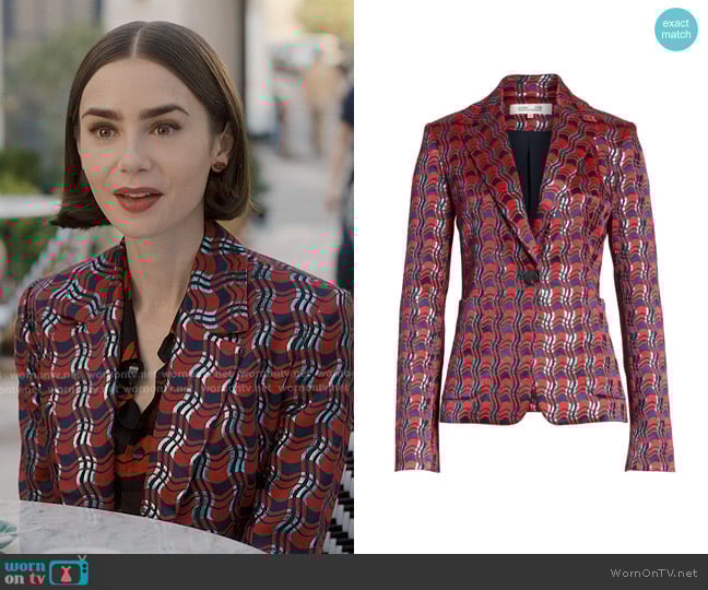Diane von Furstenberg Plaid Print Blazer worn by Emily Cooper (Lily Collins) on Emily in Paris