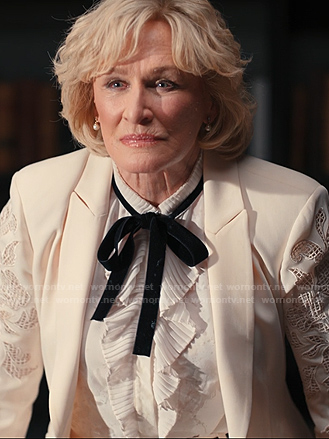 Dina's white ruffle blouse with velvet tie on Alls Fair