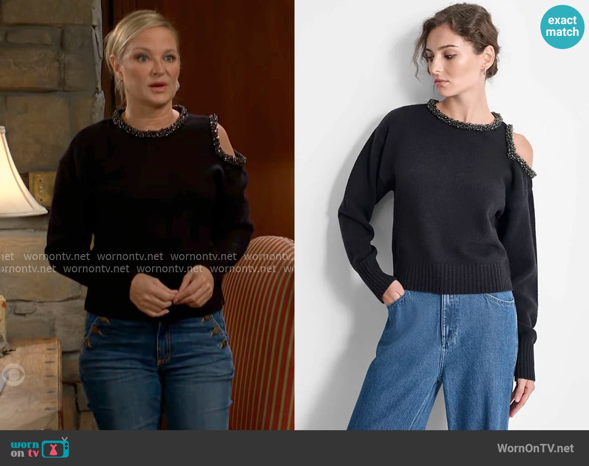 DKNY Embellished Cold-Shoulder Long-Sleeve Sweater worn by Sharon Newman (Sharon Case) on The Young and the Restless