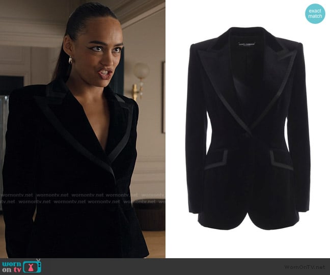 Dolce and Gabbana Black cotton velvet blazer worn by Genevieve (Thalia Besson) on Emily in Paris