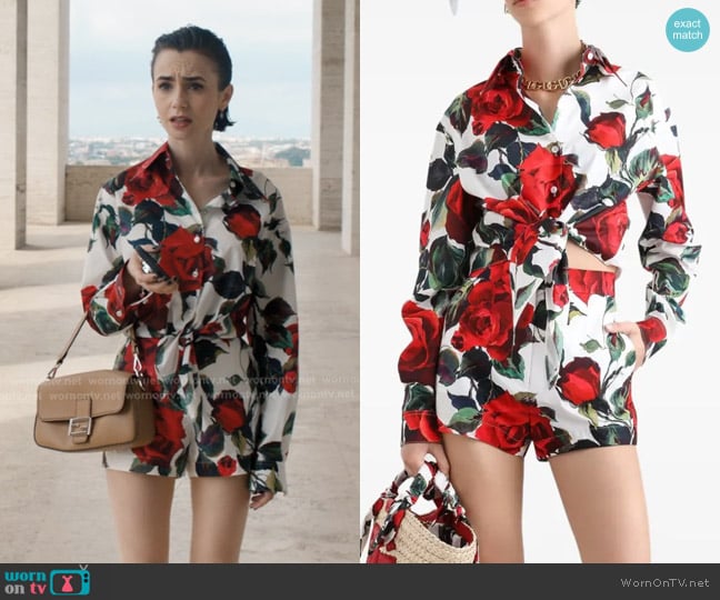 Dolce and Gabbana Floral-print Shirt and Shorts worn by Emily Cooper (Lily Collins) on Emily in Paris