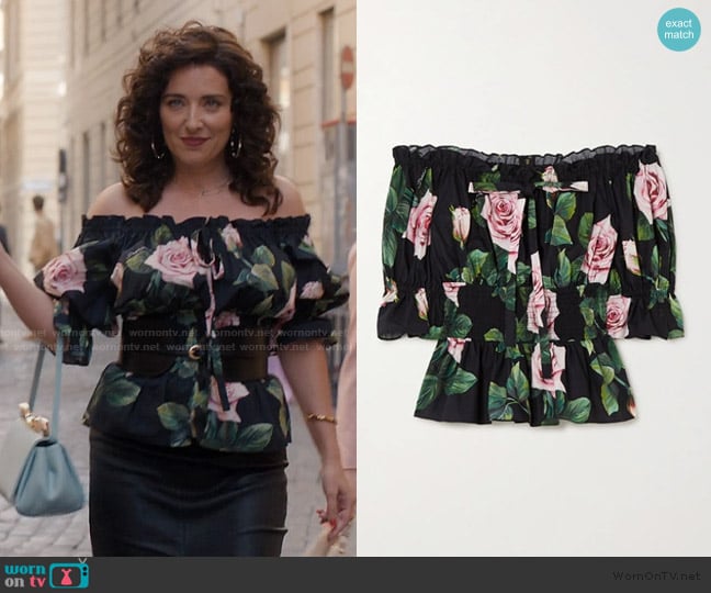 Dolce and Gabbana Off-the-shoulder Ruched Floral-print Cotton-poplin Top In Black worn by Bianca (Solenn Le Couviour-Mancini) on Emily in Paris