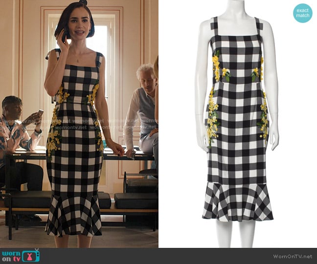 Dolce and Gabbana Plaid Print Midi Length Dress worn by Emily Cooper (Lily Collins) on Emily in Paris